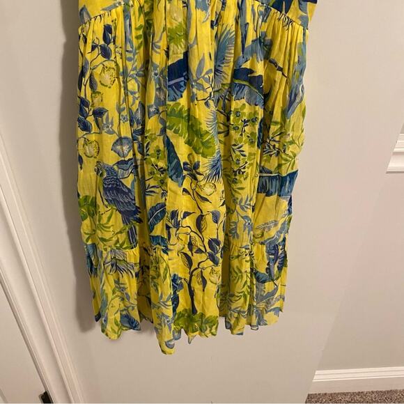 Banjanan Yellow Blue Cotton Bird Floral Mini Dress XS - Picture 7 of 11